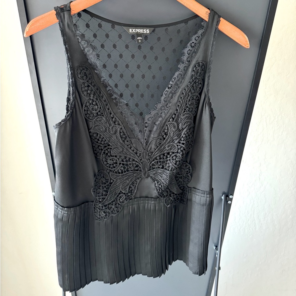 Express Satin Black Butterfly Tank Top
